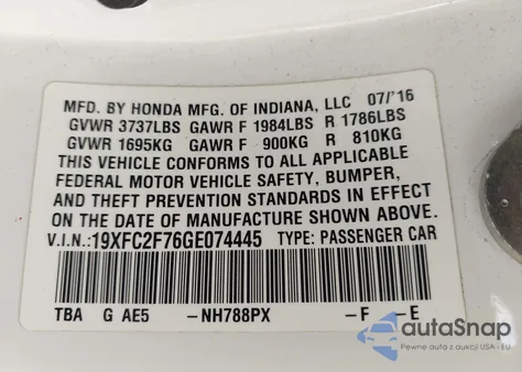 2016 Honda Civic Ex z USA, uszkodzony, nr VIN 19XFC2F76GE074445